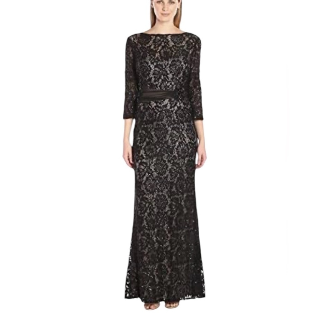 Emma Street Lace Gown with Sash Three-Quarter Sleeves Dress Black Color …